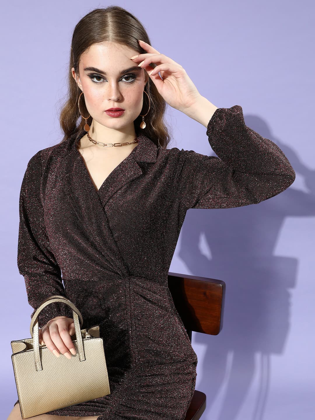 Athena Maroon Lapel Collar Blingy Dress image