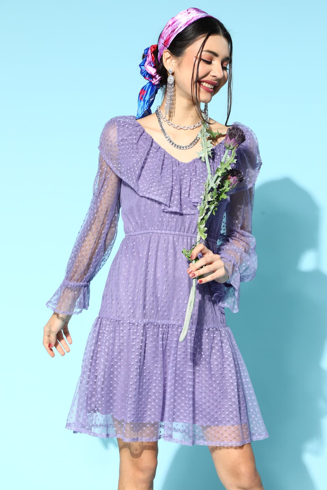 Athena Lavender Frill Tulle Dress With Full Sleeves image