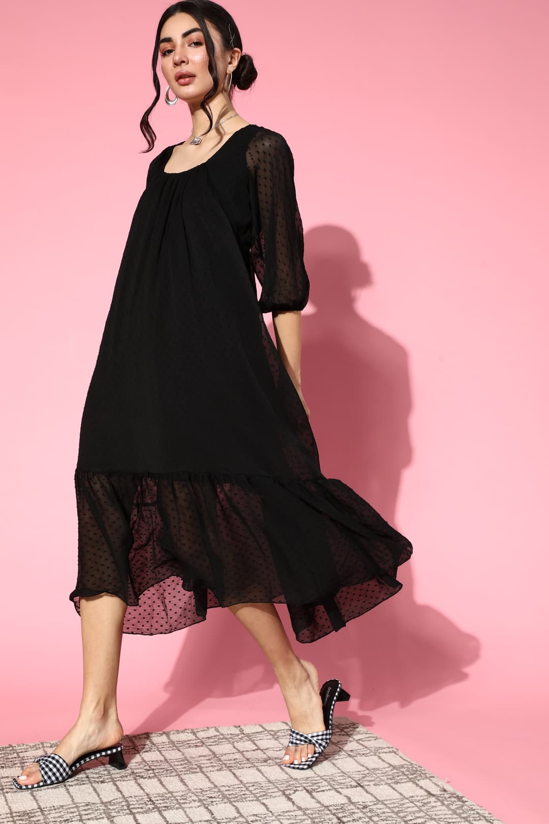 Athena Black Dobby Chiffon Trapeze Dress With Backless Detail image