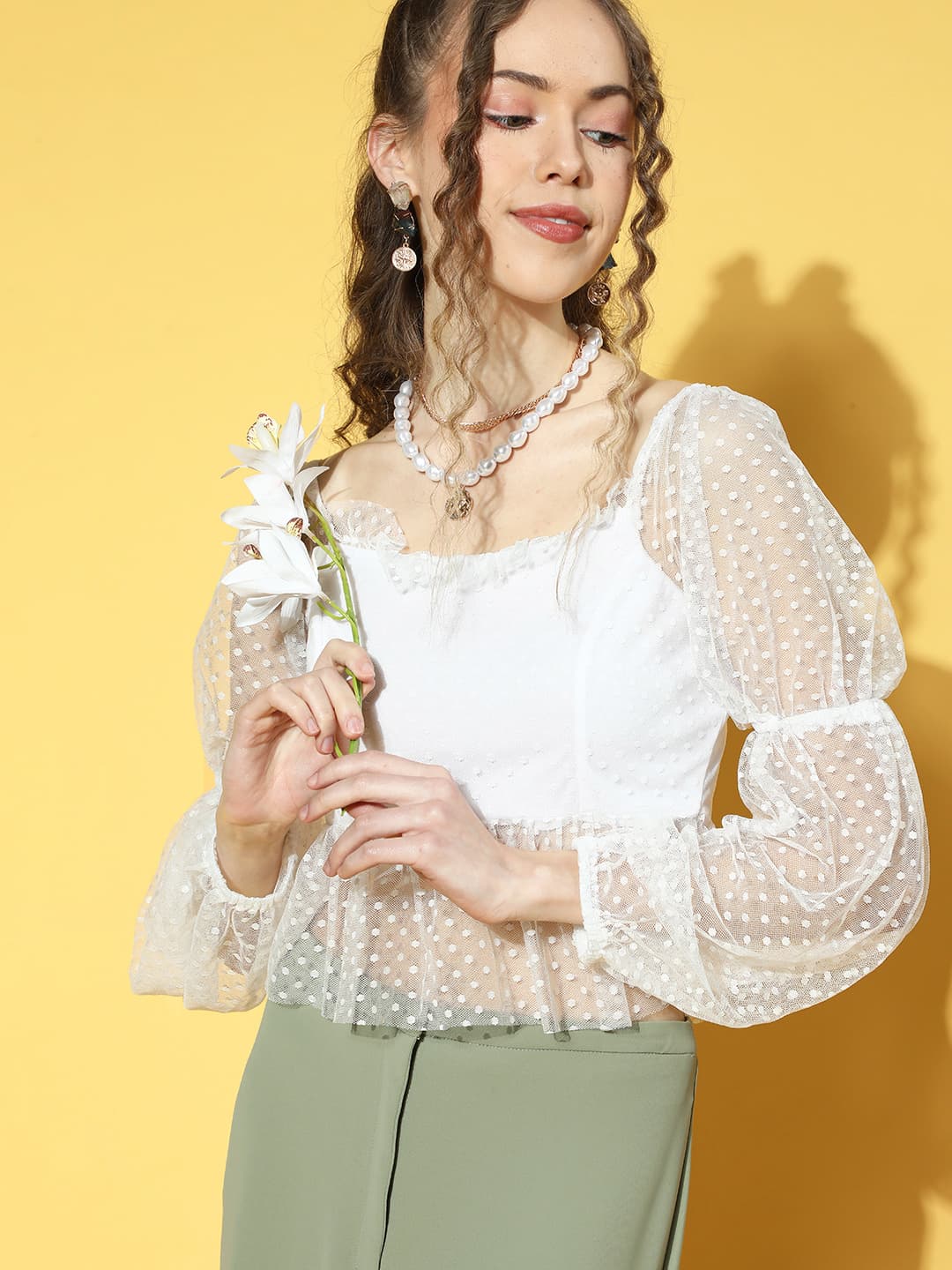 Athena White Full-Sleeve Dobby Sheer Top image