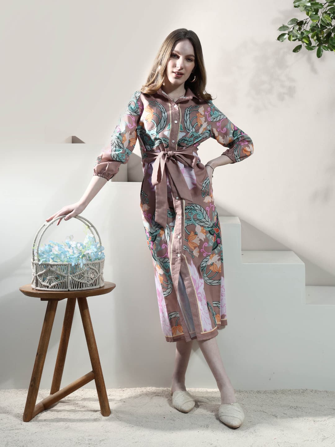 Boho By Athena Floral Print Linen Shirt Midi Dress image