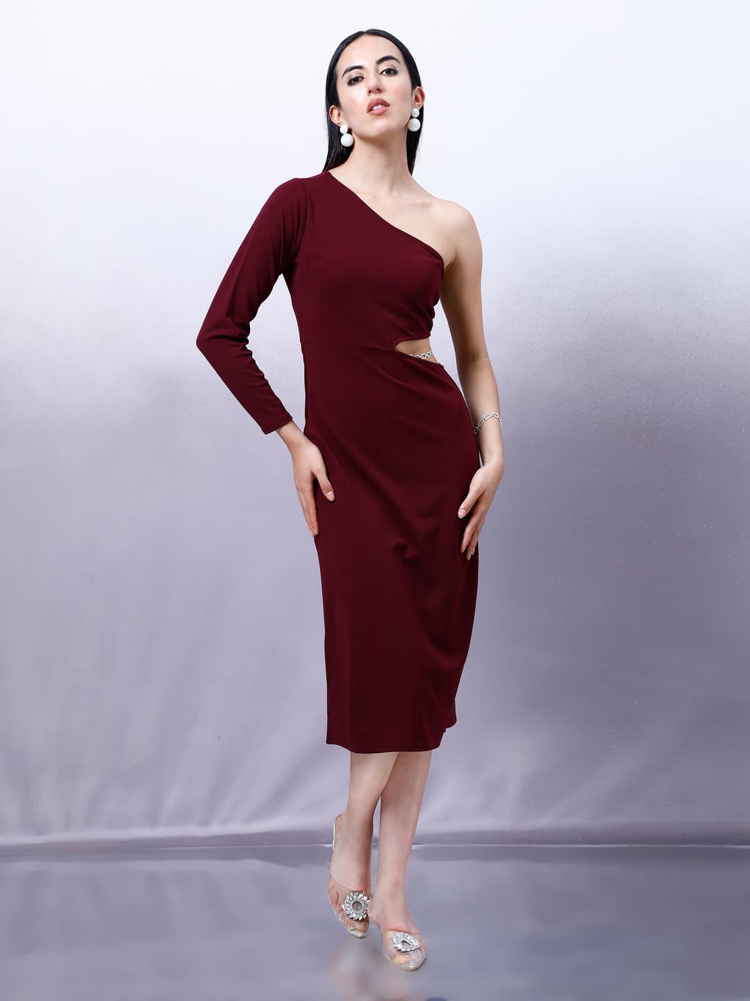 Athena Women Embellished One Shoulder Scuba Bodycon Midi Dress image