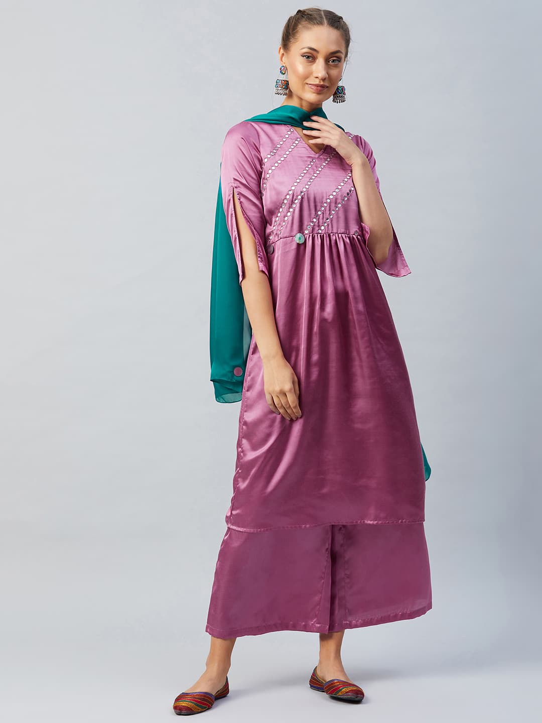 Athena Women Purple Pleated Mirror Work Kurta With Palazzos Dupatta image