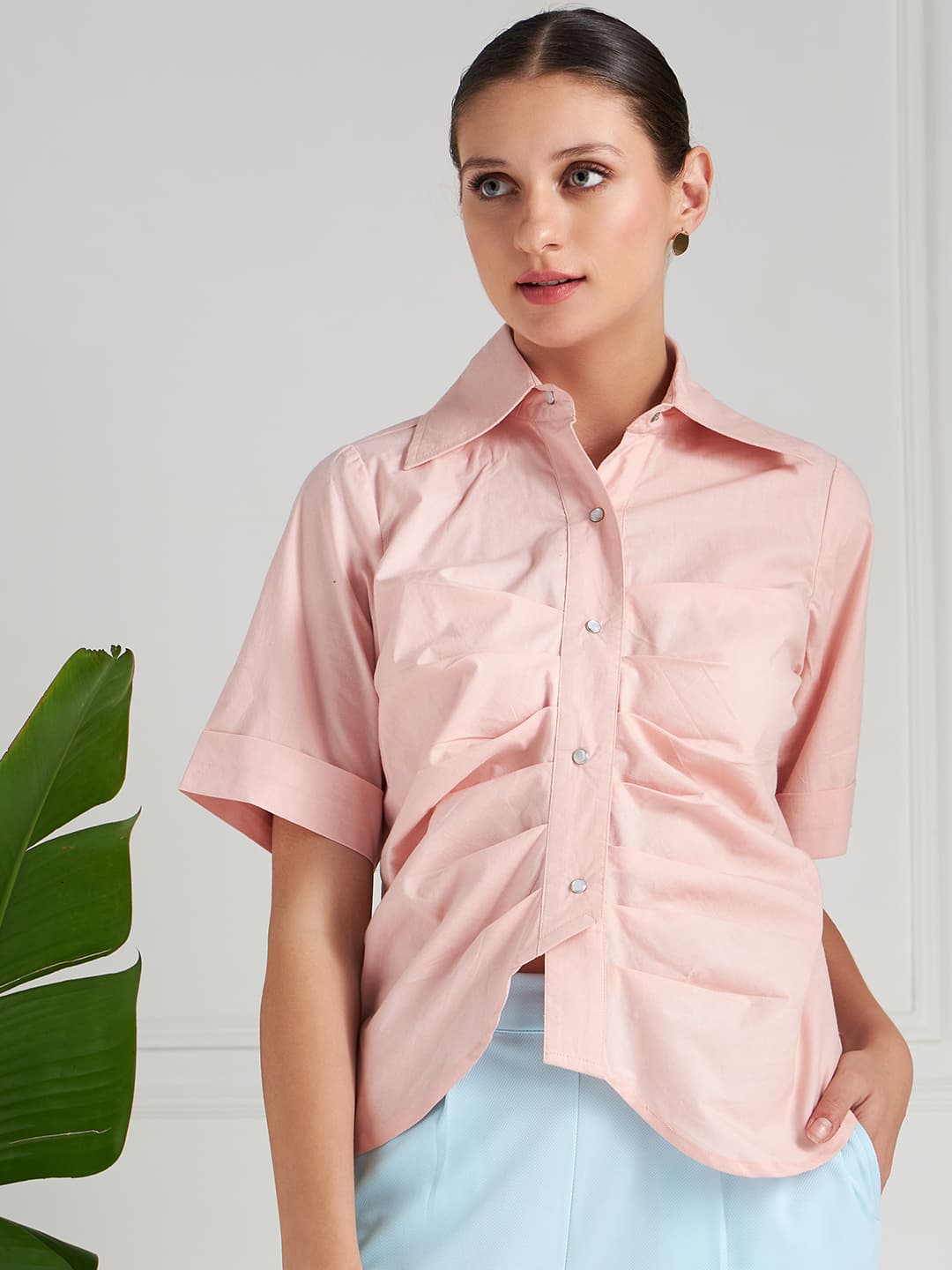 Athena Green Pleated Pure Cotton Shirt Style Top image