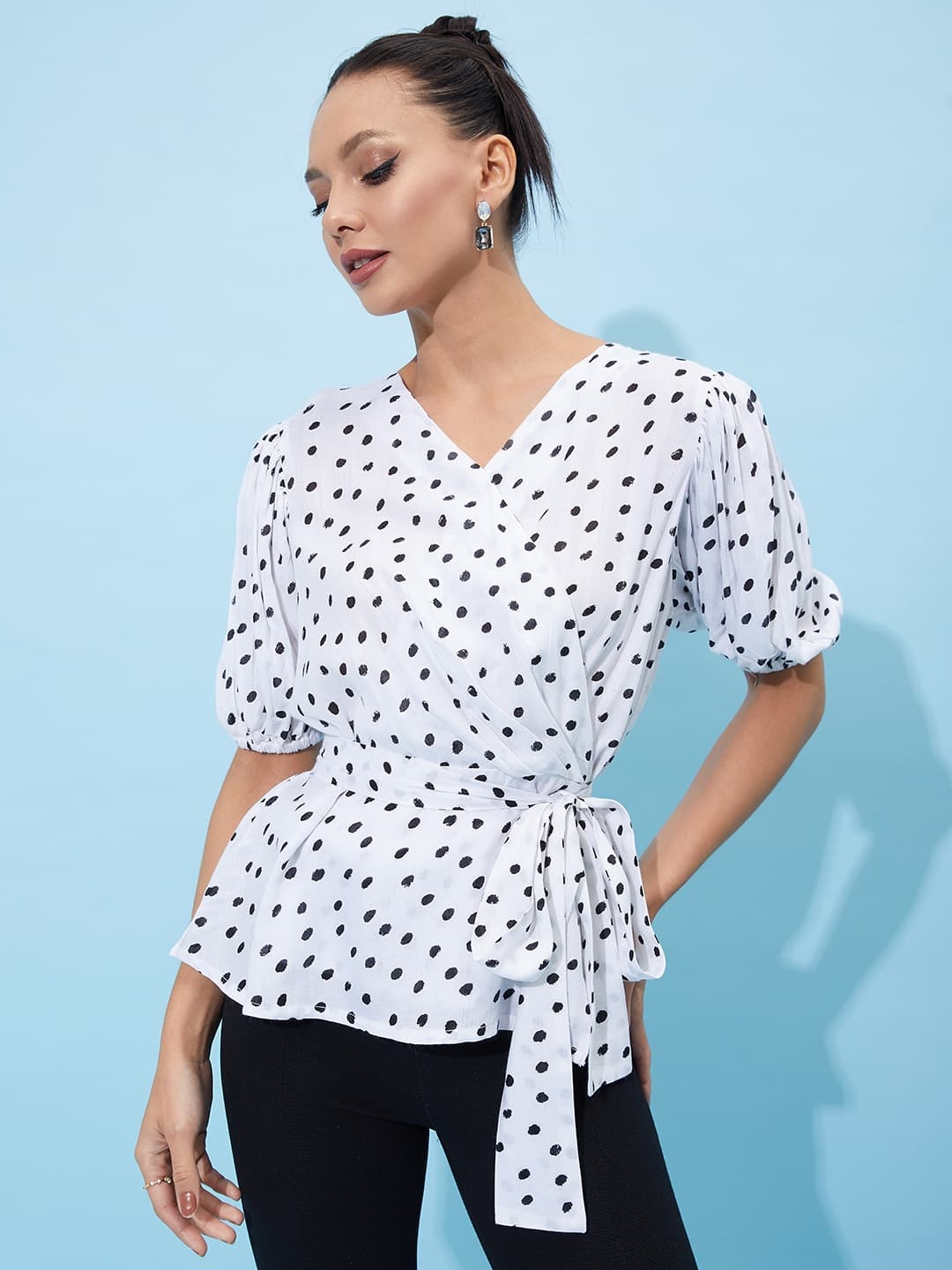 Athena V-Neck Polka Dot Printed Tie Up Puff Sleeve Top image