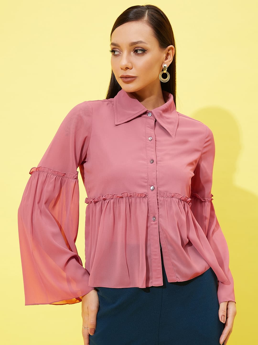 Athena Bell-Sleeve Ruffled Shirt-Style Top image