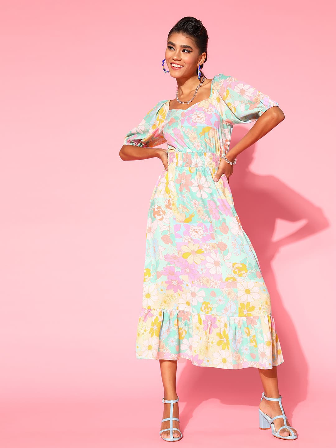 Athena Women Elegant Yellow Floral Sun Dress image