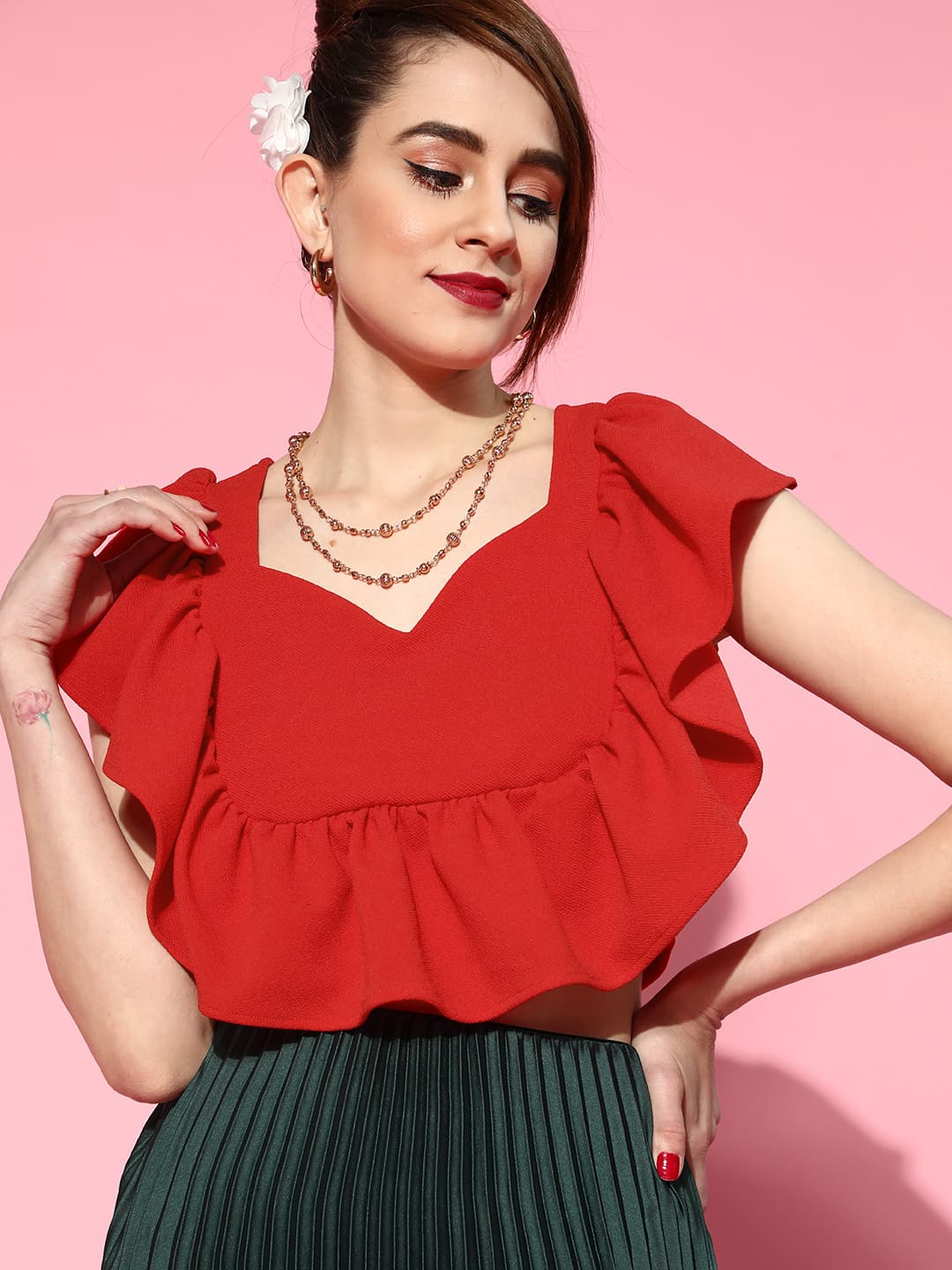 Athena Women Gorgeous Red Solid Ruffled Top image