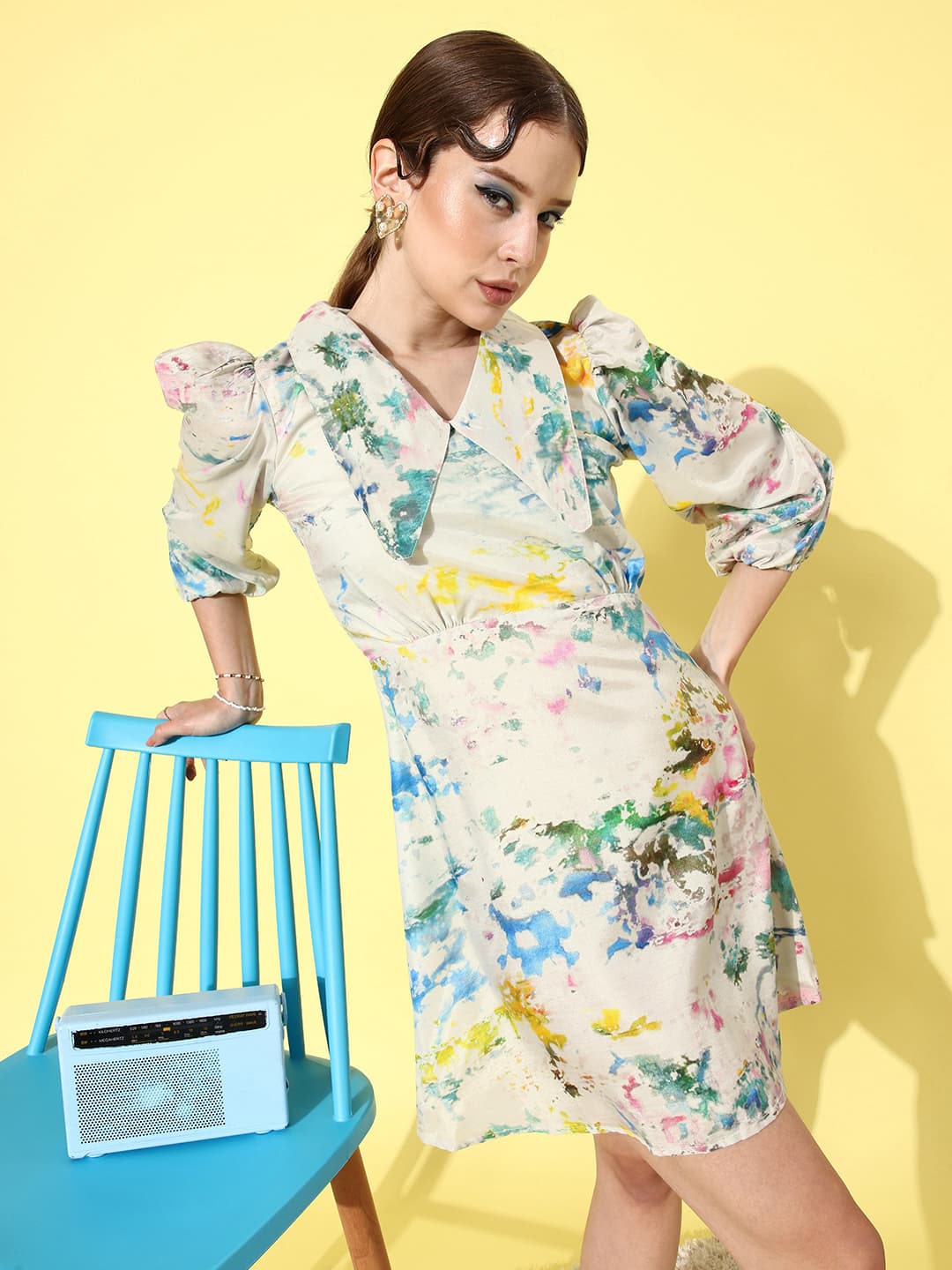Athena Women Off White & Green Tie and Dye A-Line Dress image