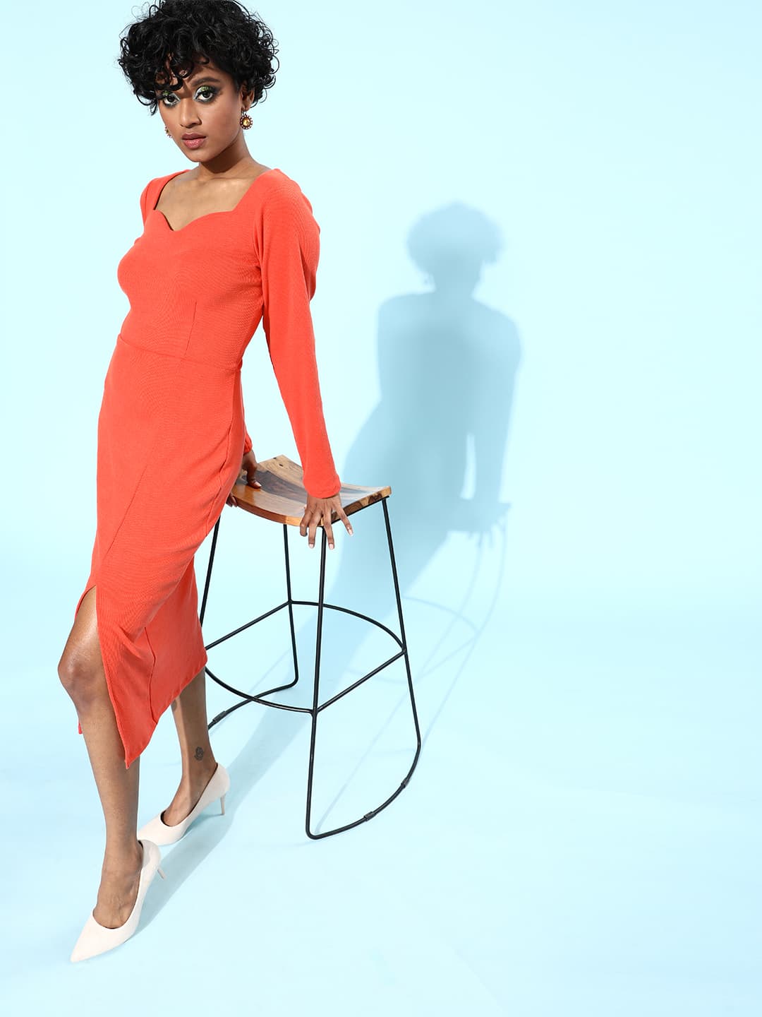 Athena Women Bright Orange Solid Sweetheart Neck Dress image