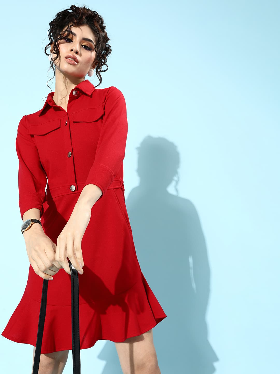 Athena Women Red Solid Collared Fit & Flare Dress image