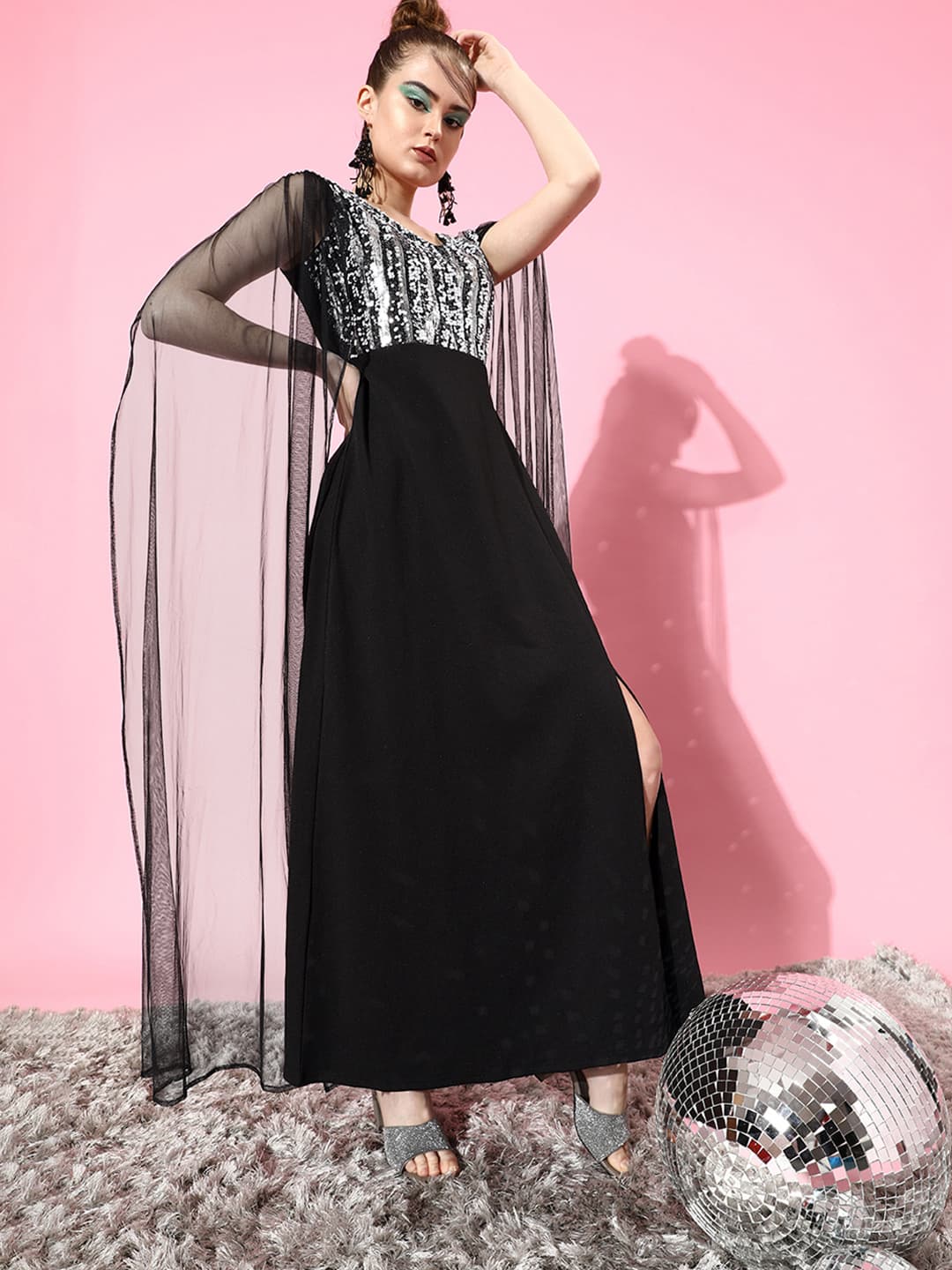 Athena Black Silver Coloured Embellished Sequin Cape Sleeves Net Maxi Dress image