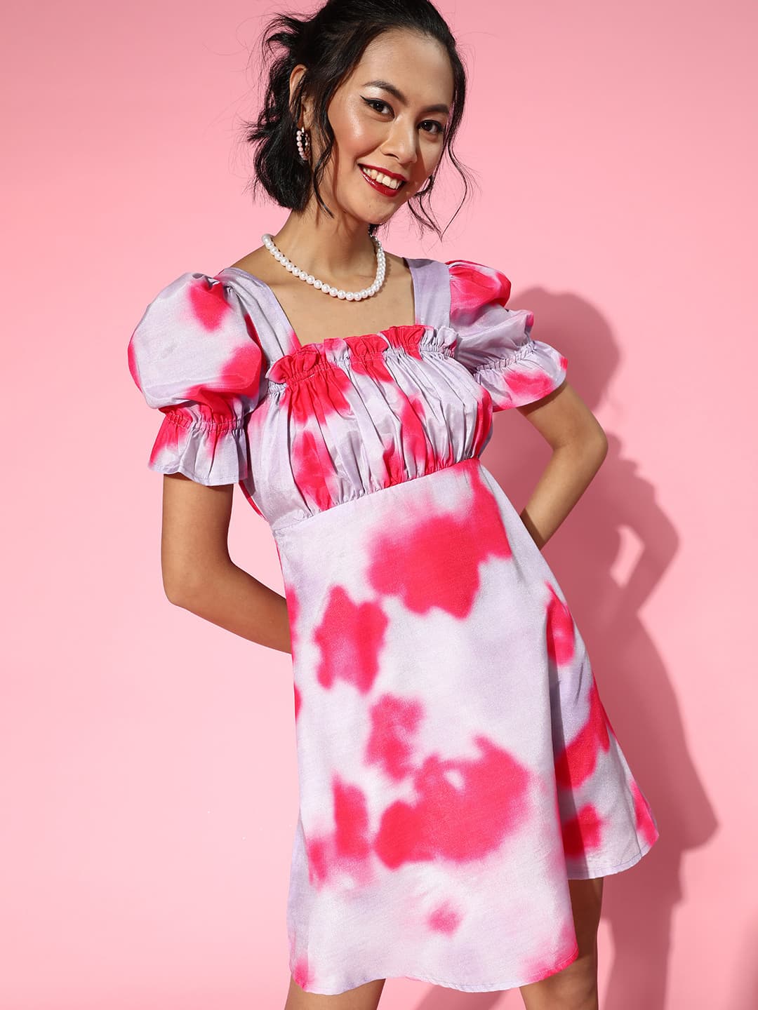 Athena Mauve Tie n Dye Puff Sleeve A line Dress image