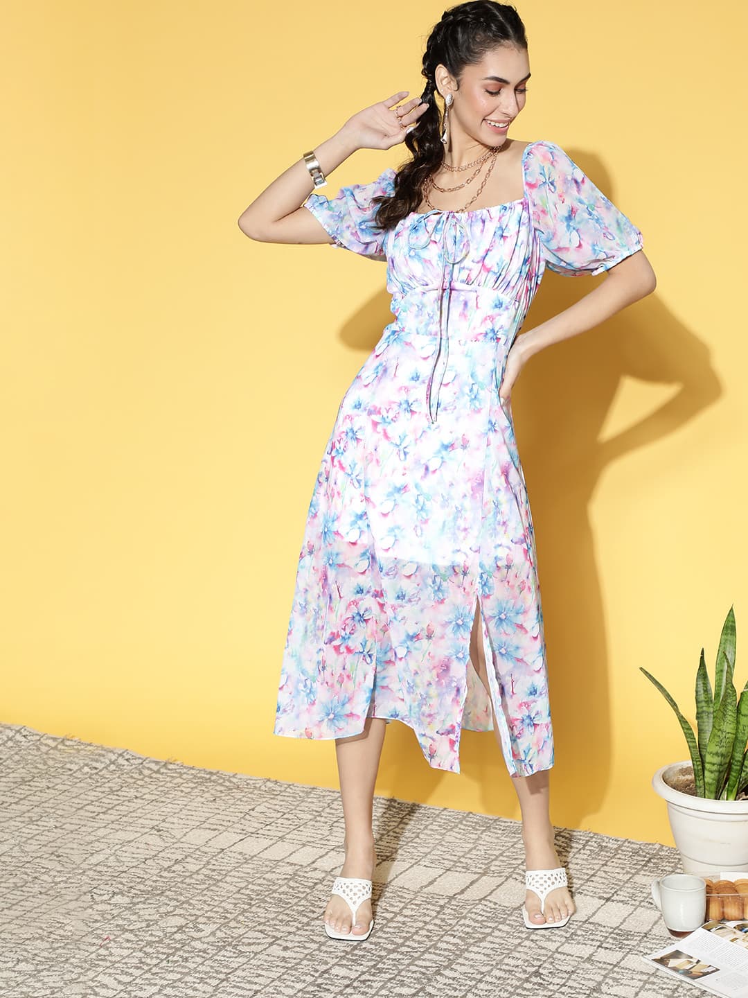 Athena blue floral puff sleeve midi dress image