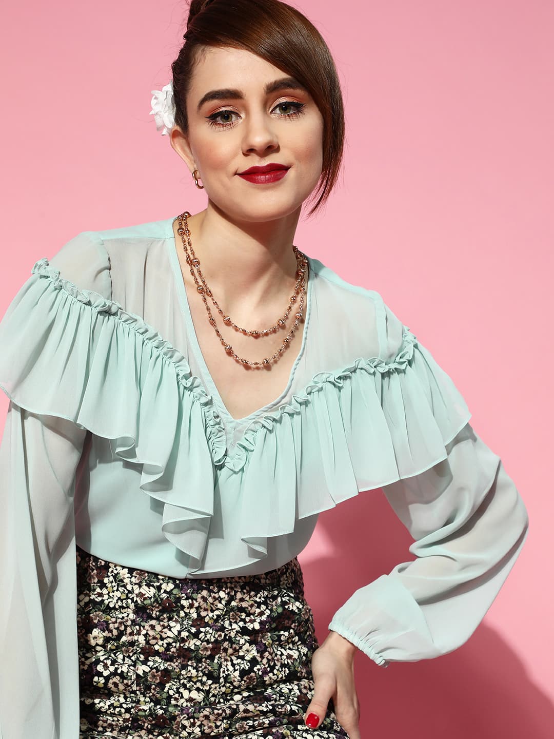 Athena Aloe Green Pink V-Neck Detail Full-Sleeve Top image