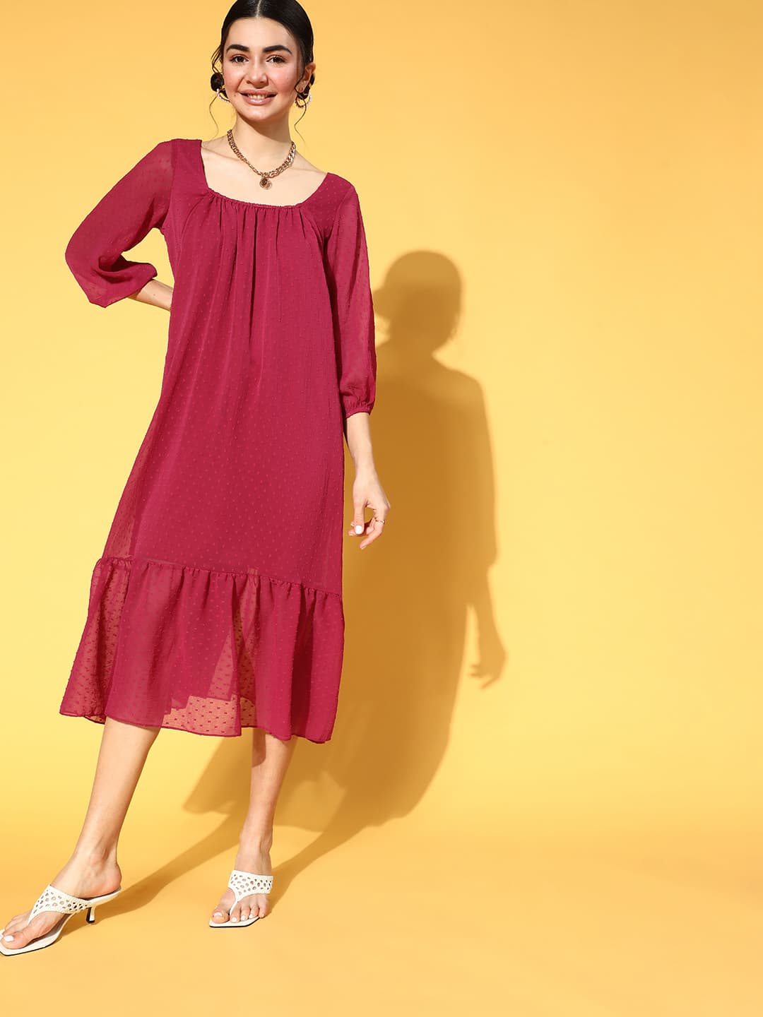Athena Maroon Solid Midi Tiered Dress With Backless Detail image