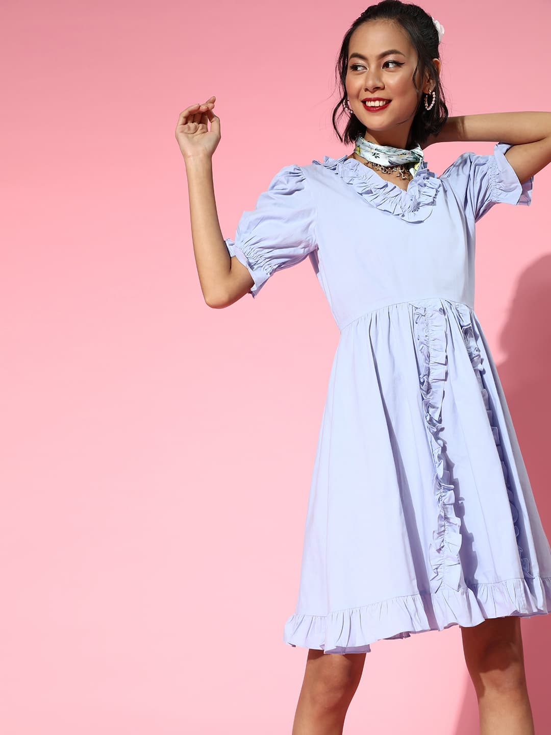 Athena lite blue cotton ruffle and Front BowDetail Dress image