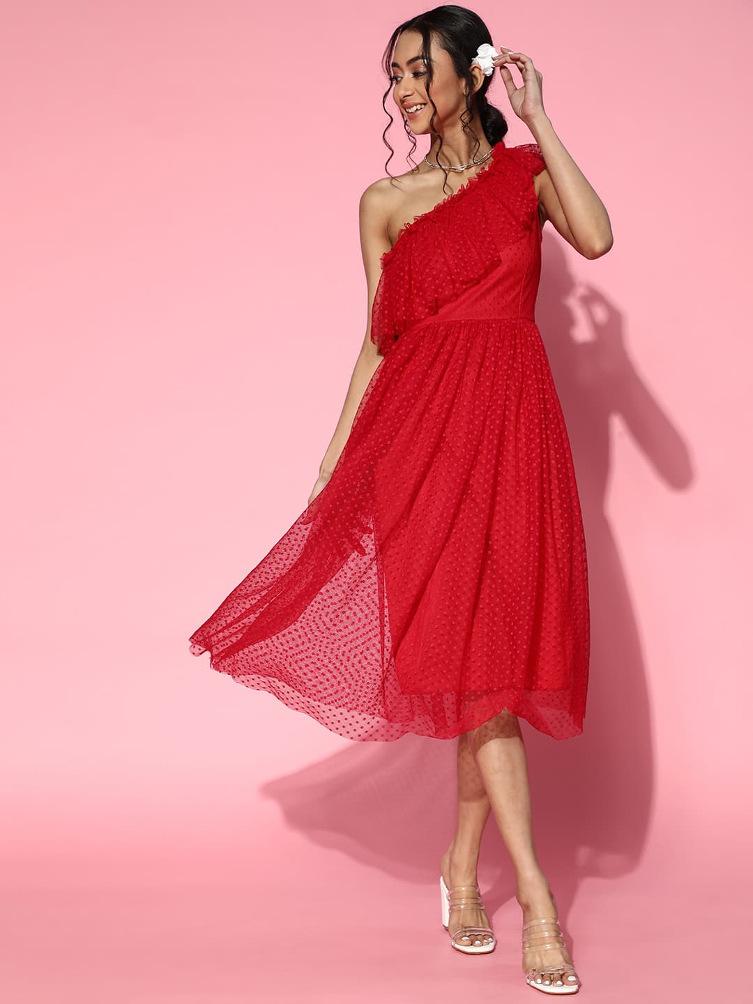 Athena Red one shoulder frill dobby Tulle dress image