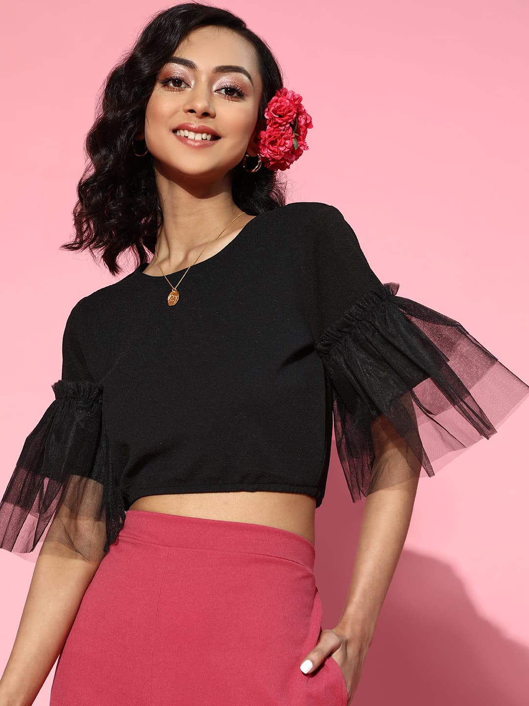 Athena Black frill sleeve tee top image