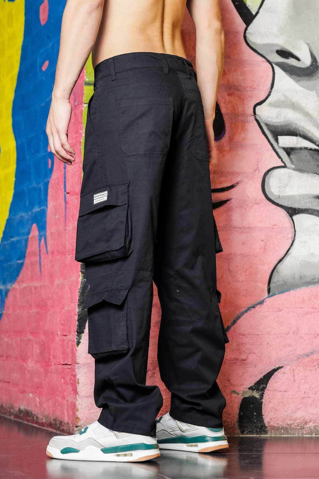 Black Baggy Fit Streetwear Style 8 Pocket Pure Cotton Cargo Trousers image