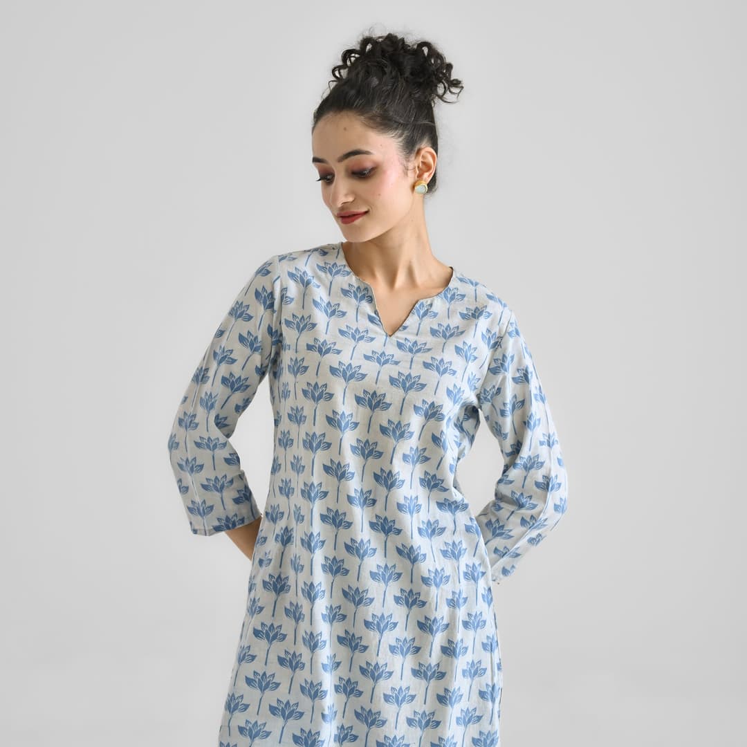 Light Blue Lotus Dabu Inspired Cotton Kurta with Notch Neckline image