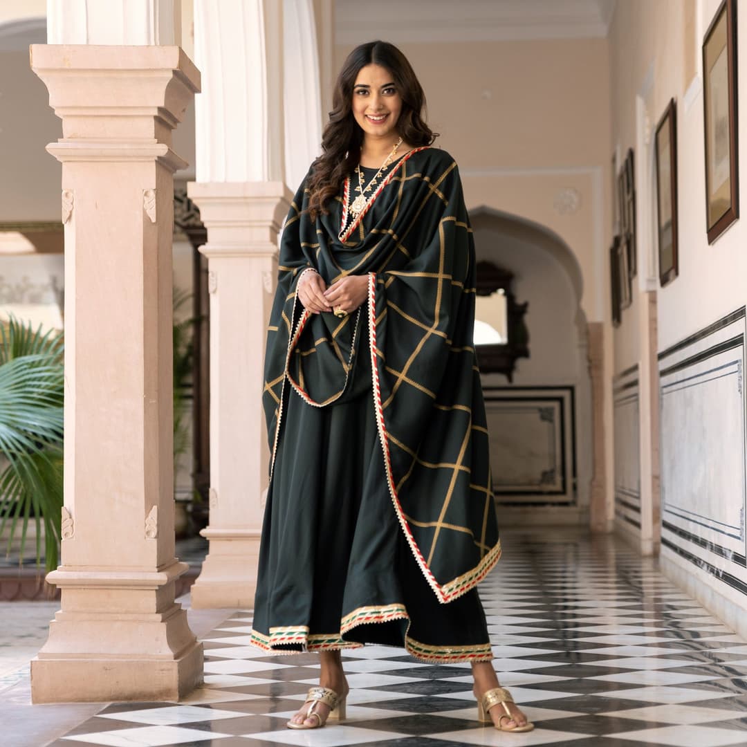 Emerald Green Long Kurta Dress with Gota Detailed Dupatta image