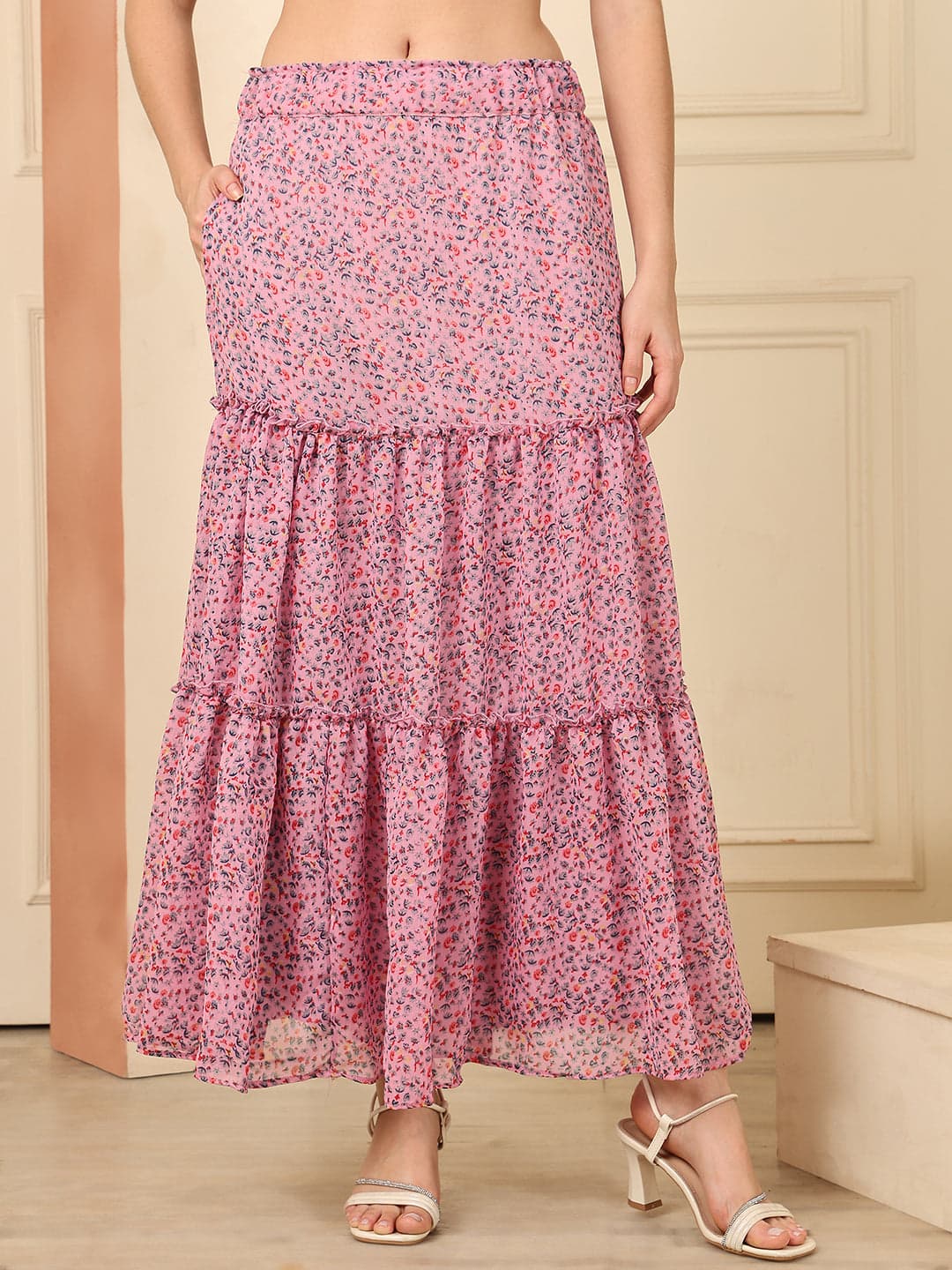 Women's Floral Print Georgette Tiered Maxi Skirt image