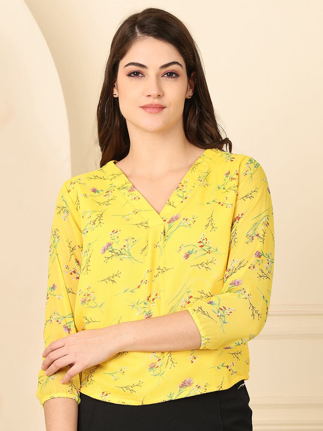 Women's Georgette Floral Print Top with V Neck, 3/4th Sleeves image