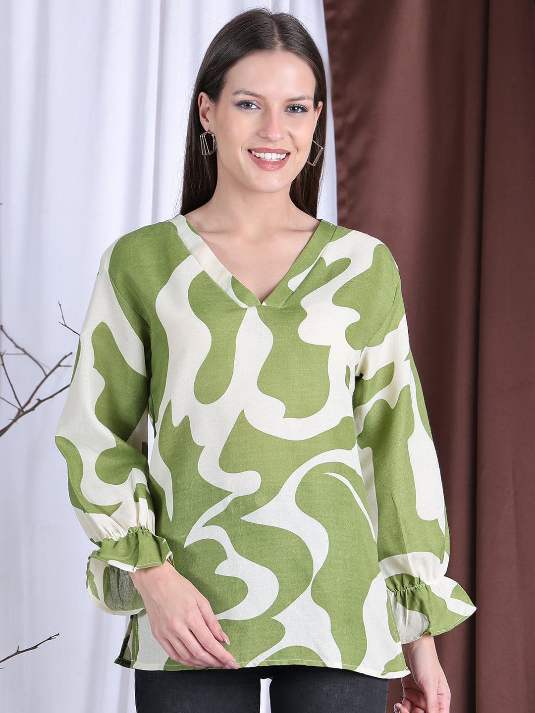 Women's Cotton Top with abstract Print, Long Sleeves, Balloon Cuffs, V Neck image