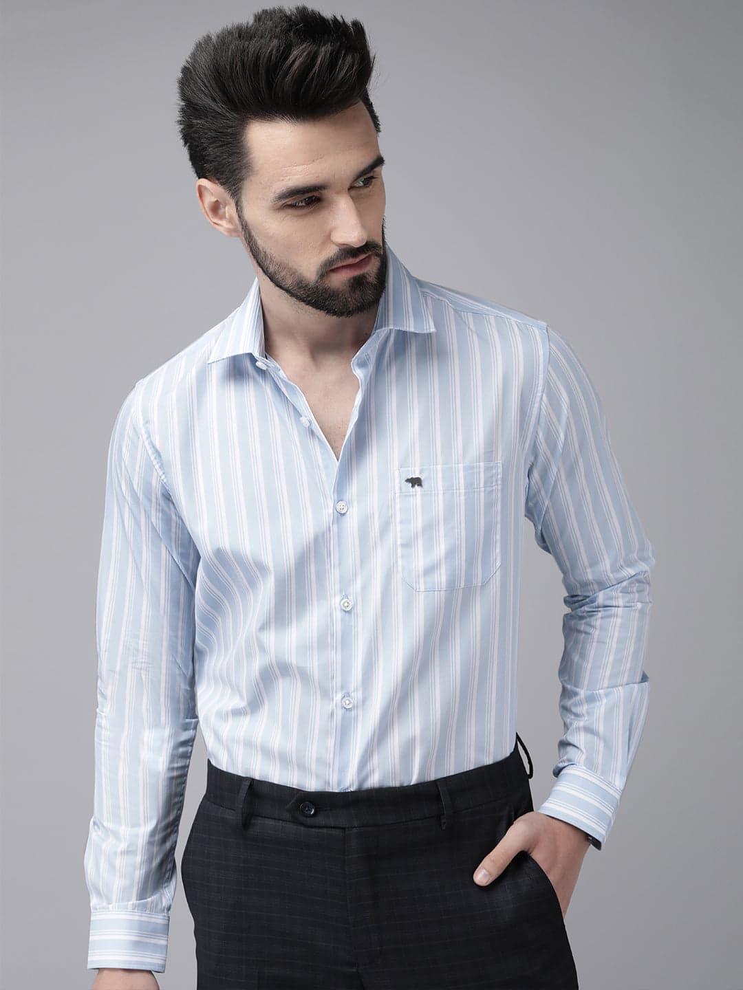 Octo - Men Blue Striped Tailored Fit Cotton Formal Shirt image