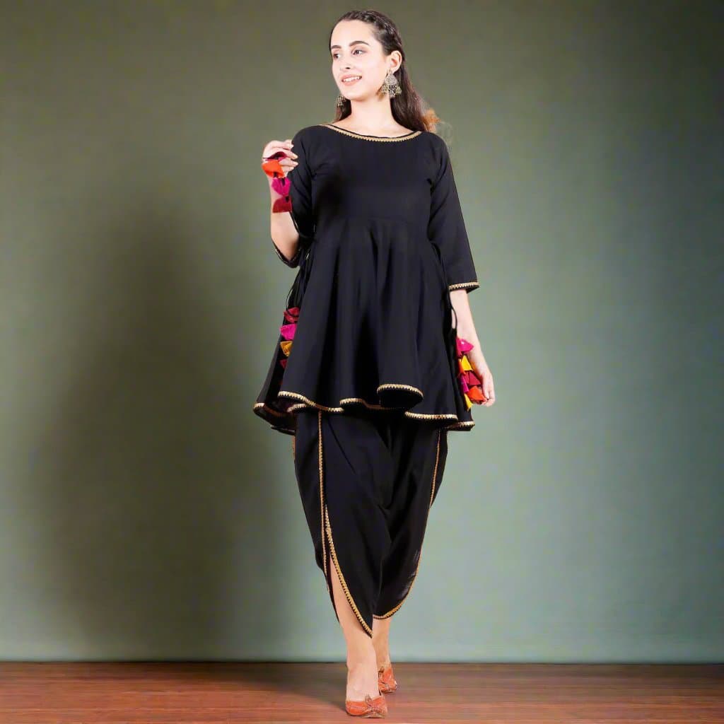 Black Dhoti Peplum Top Set with Multicolour Tassels image